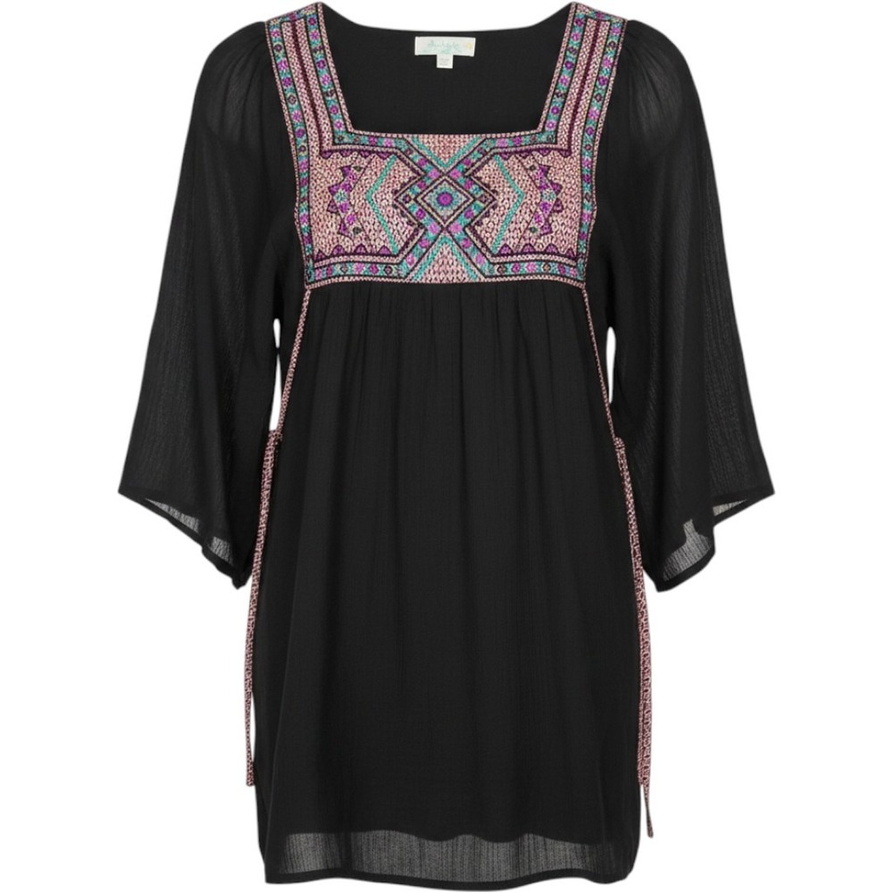 Altar'd State Boho Embroidered Tunic Top Black Gauze Bell Sleeve Small MID103883